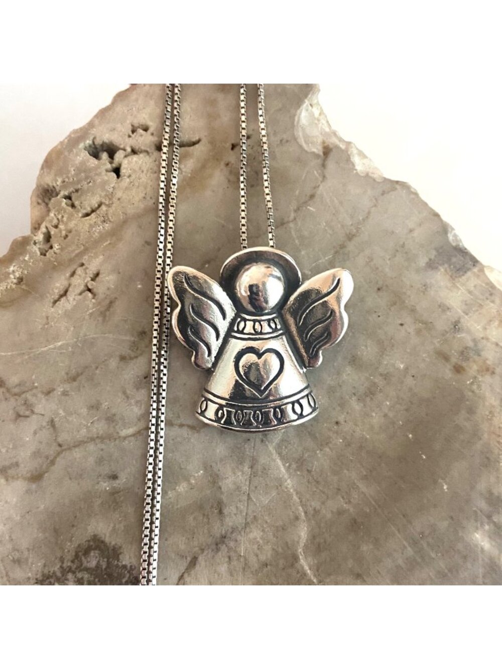 Solid Sterling Silver 925 Large Angel Heart Pendant Necklace 20" Box Chain